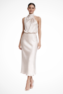 Amelina | Women Halter Neck Midi Dress Satin Wedding Guest Dress
