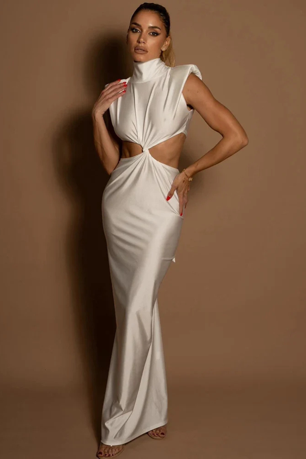Solenne | Women High Neck Sleeveless Twisted Cut Out Bodycon Maxi Dress