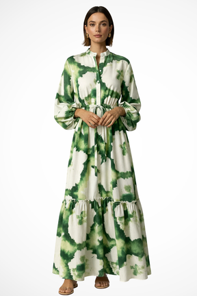 Thea | Women Long Sleeve V Neck Printed Tiered Maxi Dress