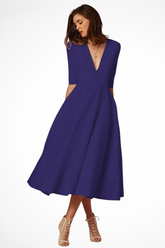 Roselle | Women Deep V Neck Half Sleeve Fitted Flared Midi Dress