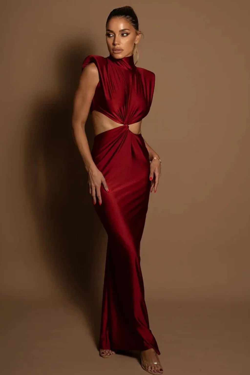 Solenne | Women High Neck Sleeveless Twisted Cut Out Bodycon Maxi Dress