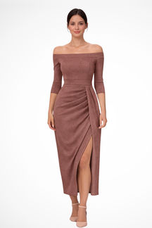 Mirelle | Women’s Off Shoulder Ruched Midi Wedding Guest Dress with Front Slit