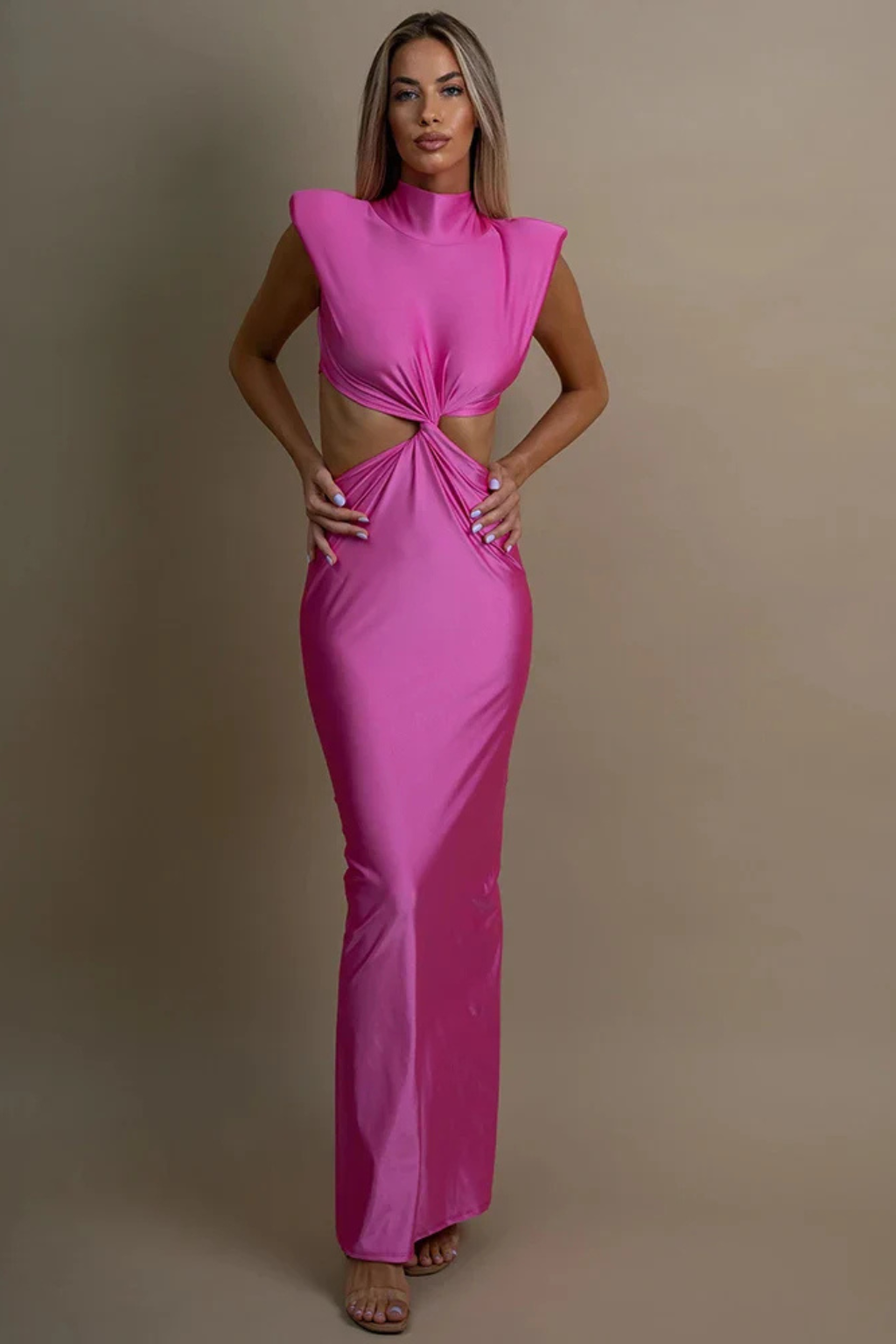 Solenne | Women High Neck Sleeveless Twisted Cut Out Bodycon Maxi Dress
