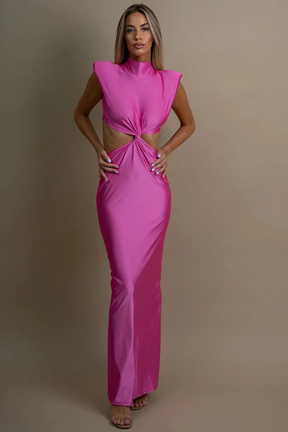 Solenne | Women High Neck Sleeveless Twisted Cut Out Bodycon Maxi Dress