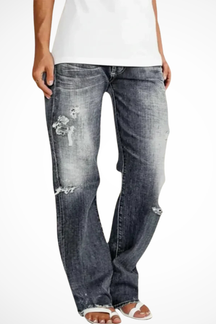 Paige | Women Distressed Mid Rise Straight Leg Jeans