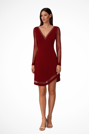 Aureline | Women Wedding Guest V Neck Midi Dress with Sheer Long Sleeves