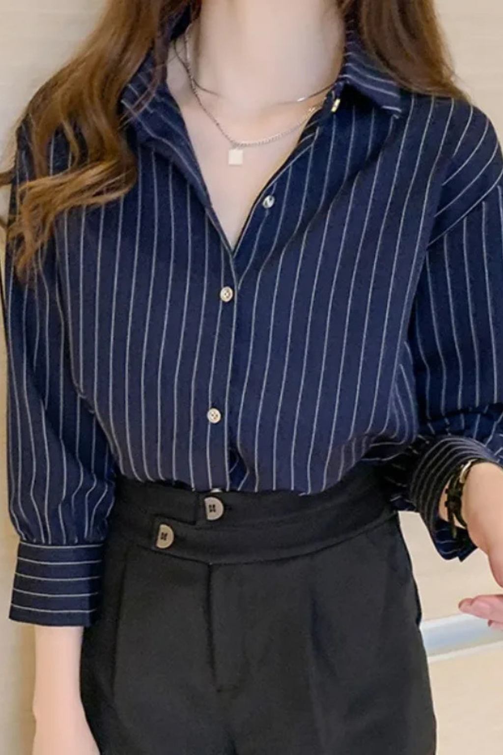 Nella | Women Turn Down Collar Long Sleeve Striped Shirt