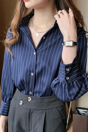 Nella | Women Turn Down Collar Long Sleeve Striped Shirt