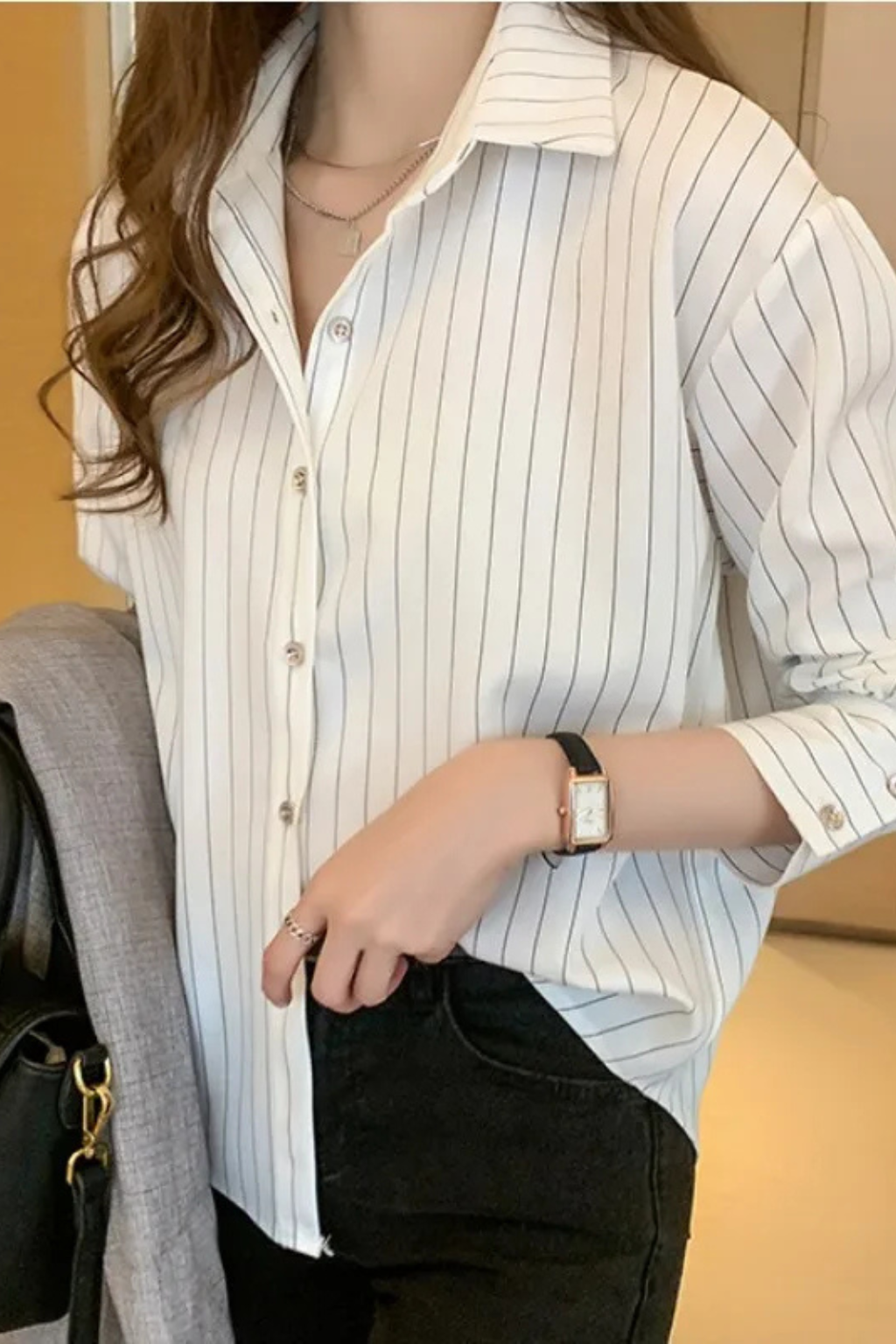 Nella | Women Turn Down Collar Long Sleeve Striped Shirt