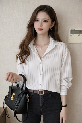 Nella | Women Turn Down Collar Long Sleeve Striped Shirt