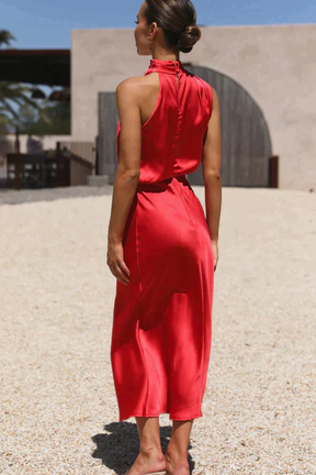Amelina | Women Halter Neck Midi Dress Satin Wedding Guest Dress