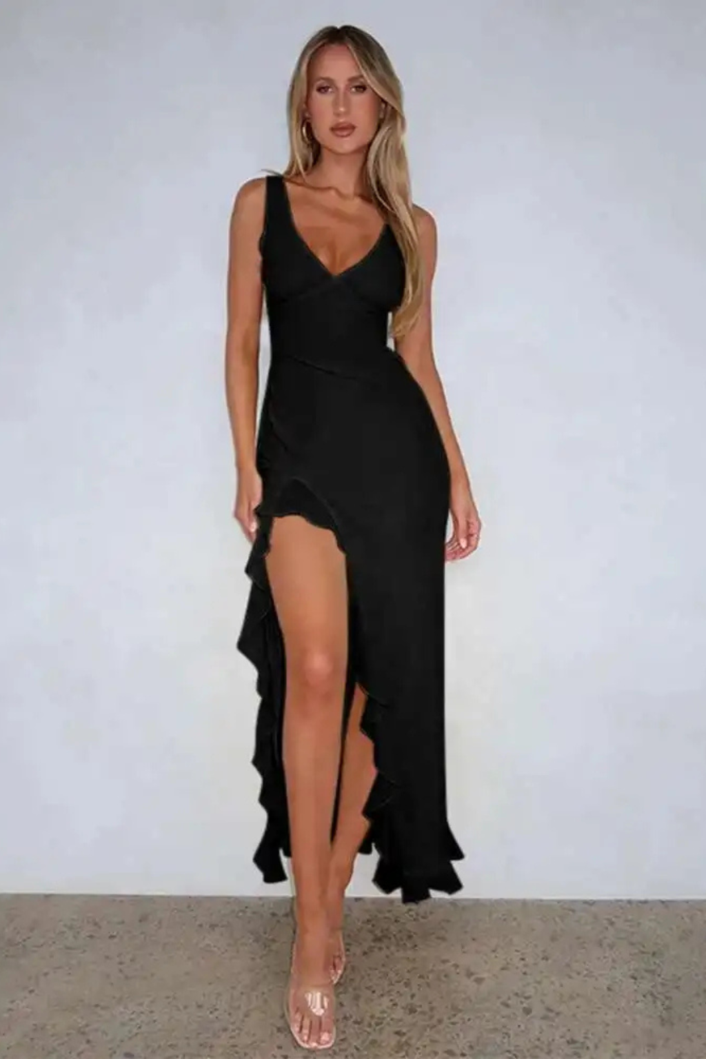 Elise | Women V Neck Ruffle Hem Midi Wedding Guest Dress with Side Split