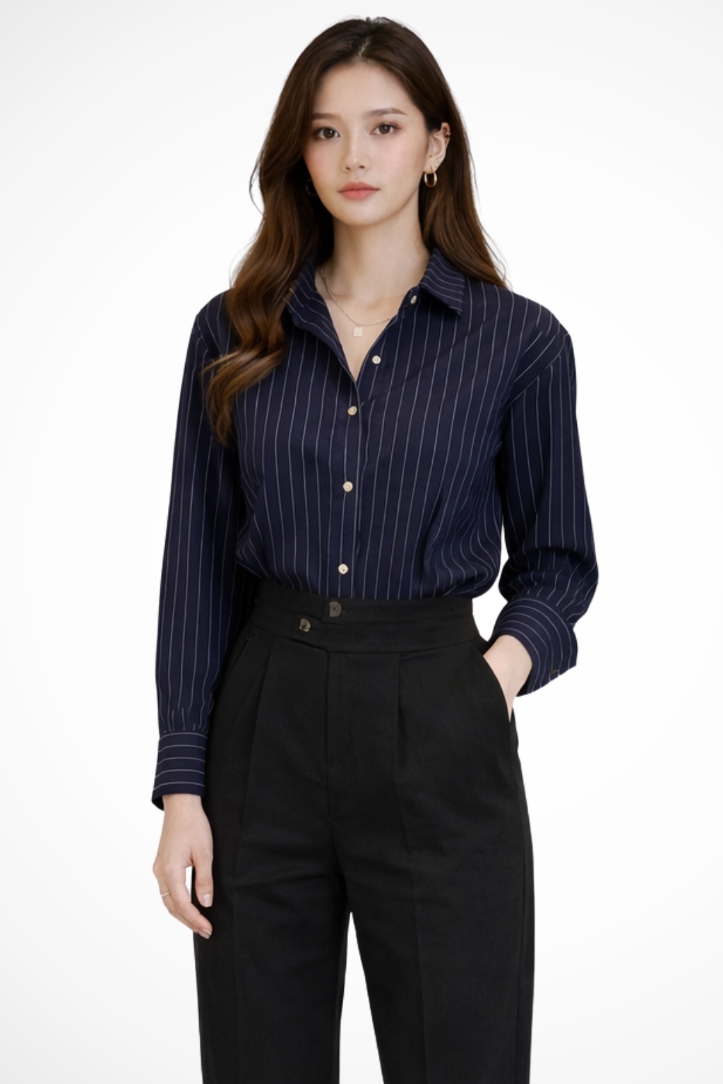 Nella | Women Turn Down Collar Long Sleeve Striped Shirt