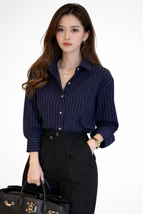 Nella | Women Turn Down Collar Long Sleeve Striped Shirt