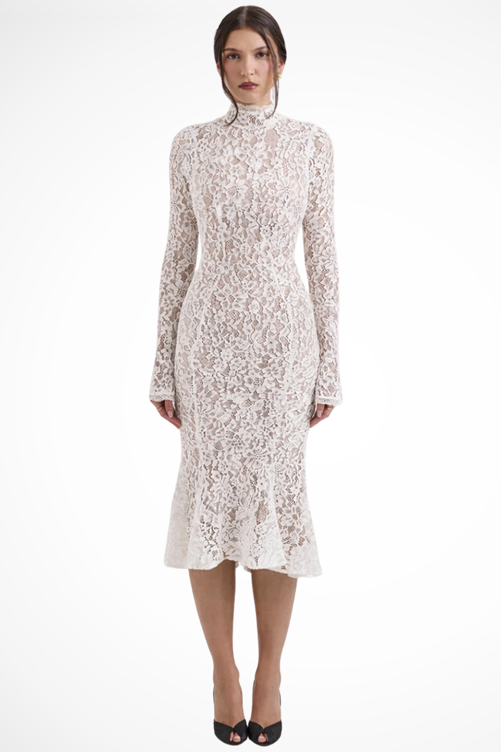 Briony | Women High Neck Lace Midi Wedding Guest Dress with Long Sleeves