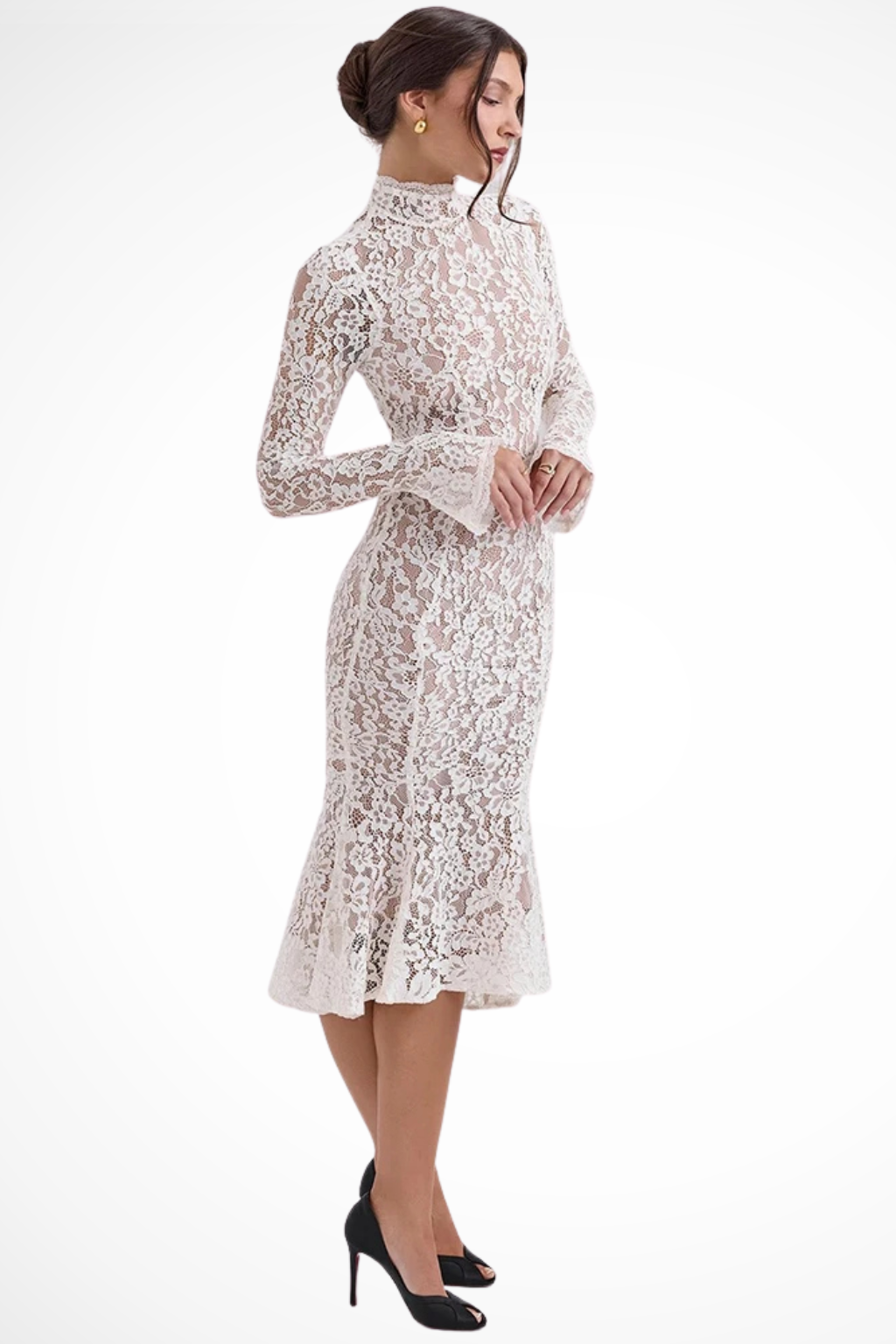 Briony | Women High Neck Lace Midi Wedding Guest Dress with Long Sleeves