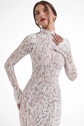 Briony | Women High Neck Lace Midi Wedding Guest Dress with Long Sleeves