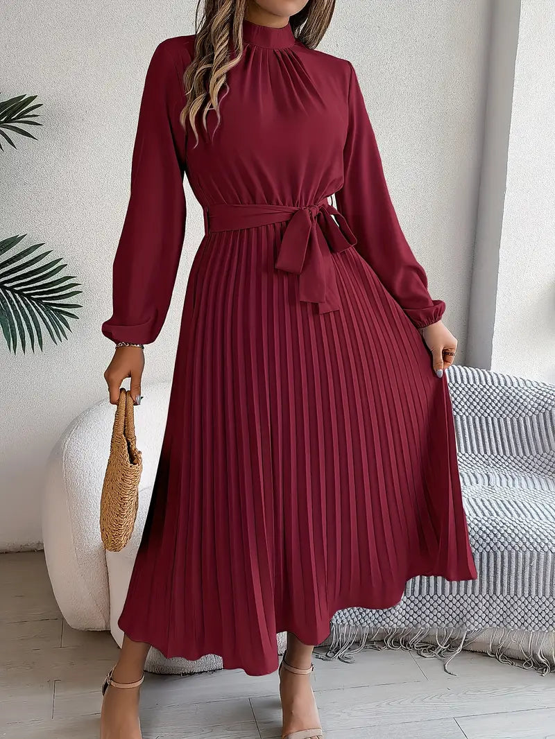 Harriet | Women’s Long Sleeve Pleated Midi Dress with Belt