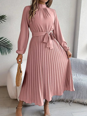 Harriet | Women’s Long Sleeve Pleated Midi Dress with Belt