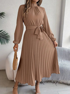 Harriet | Women’s Long Sleeve Pleated Midi Dress with Belt