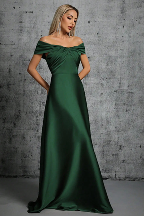 Lauren | Women Off Shoulder Twisted Knot Pleated Satin Wedding Guest Maxi Dress