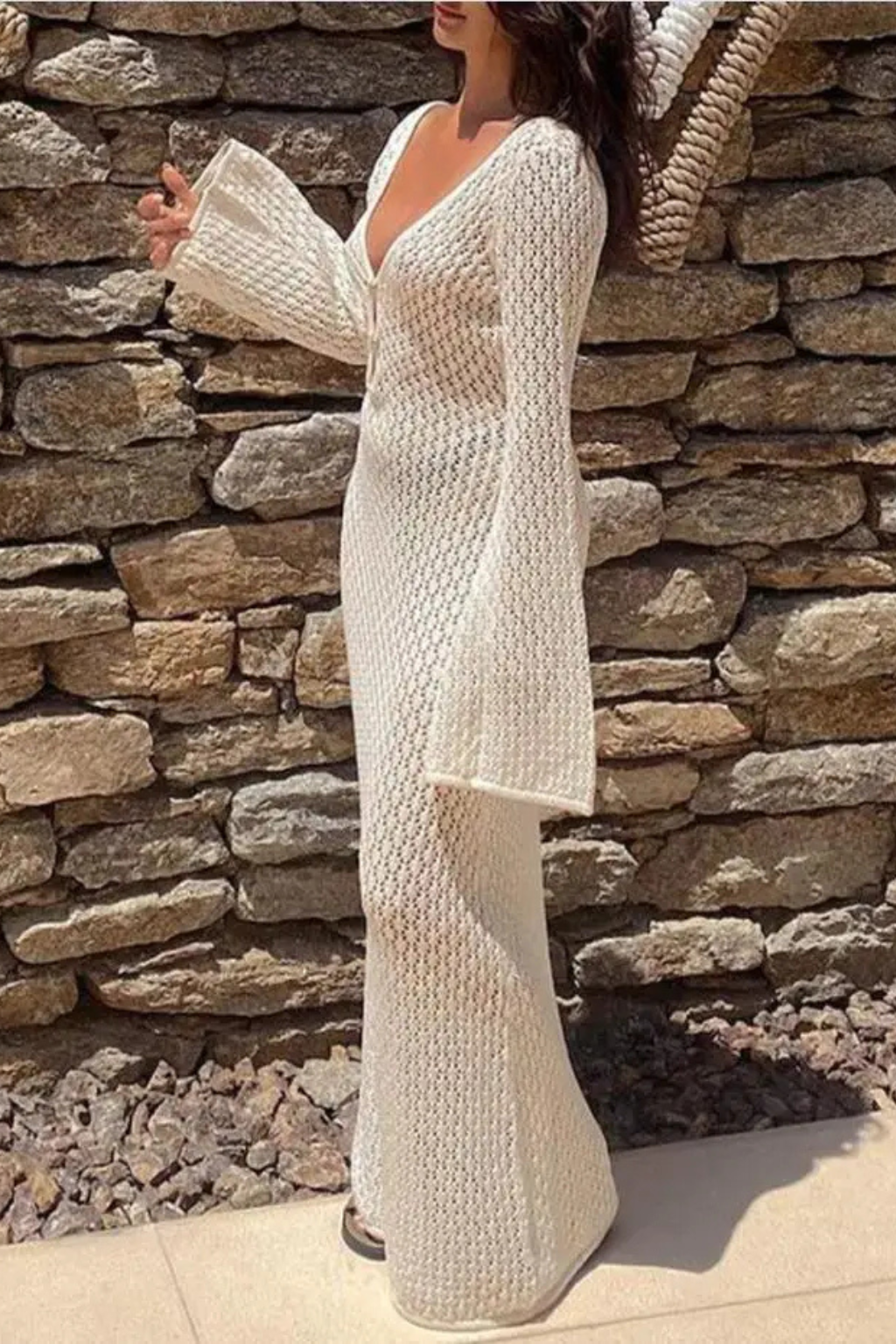 Maris | Women Deep V Neck Long Sleeve Hollow Out Knit Backless Beach Maxi Dress