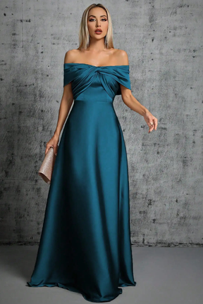 Lauren | Women Off Shoulder Twisted Knot Pleated Satin Wedding Guest Maxi Dress