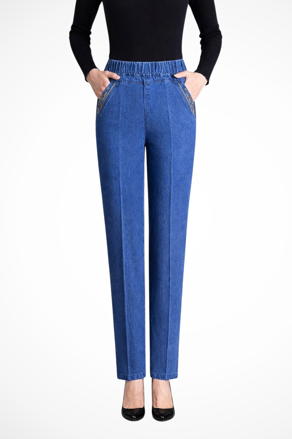 Millie | Women Elastic Waist Straight Leg Denim Trousers with Embroidered Detail