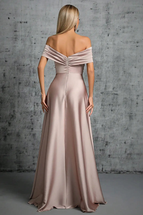 Lauren | Women Off Shoulder Twisted Knot Pleated Satin Wedding Guest Maxi Dress