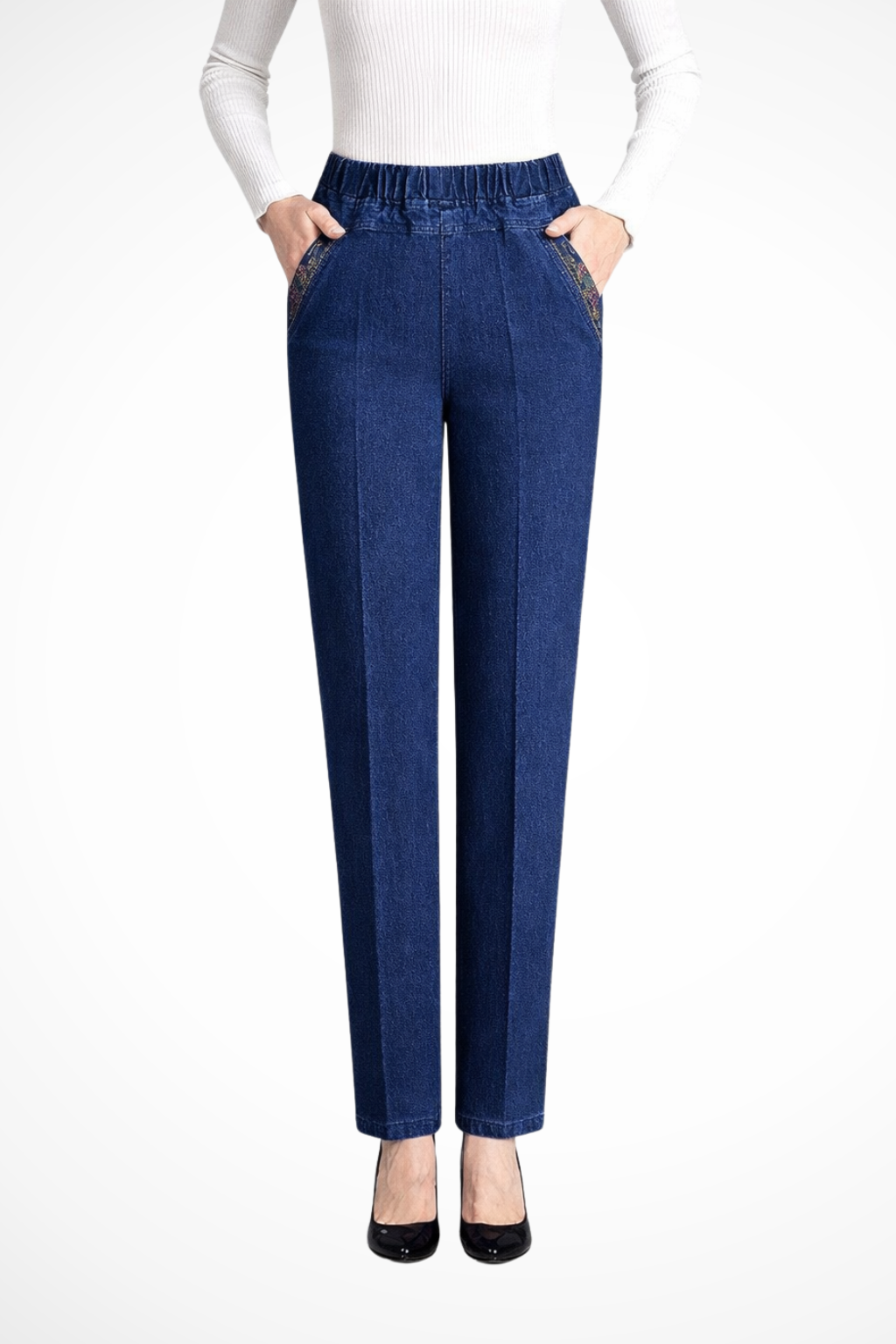 Millie | Women Elastic Waist Straight Leg Denim Trousers with Embroidered Detail