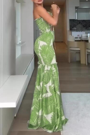 Nella | Women Tropical Print Strapless Ruched Summer Maxi Dress