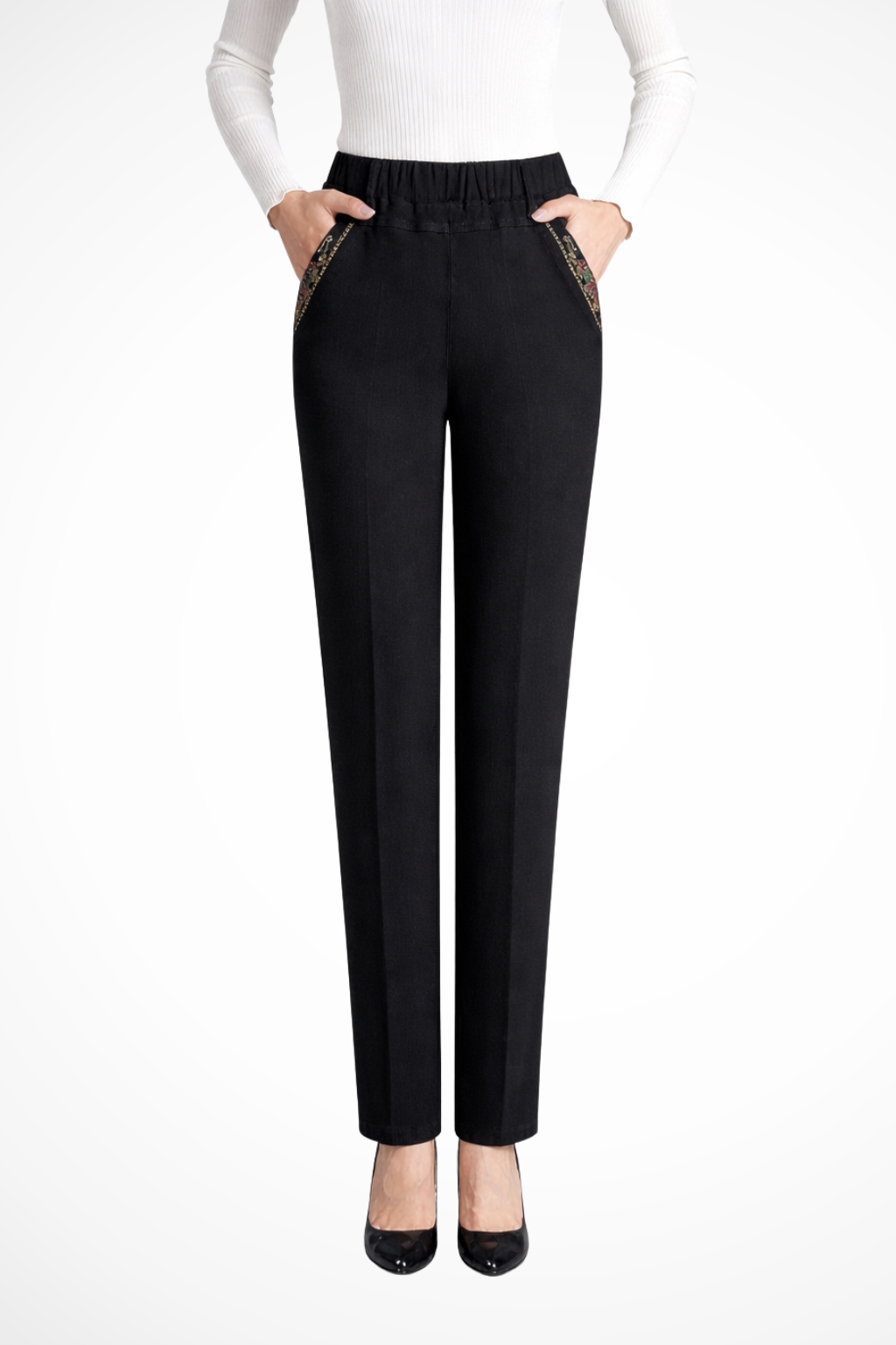 Millie | Women Elastic Waist Straight Leg Denim Trousers with Embroidered Detail