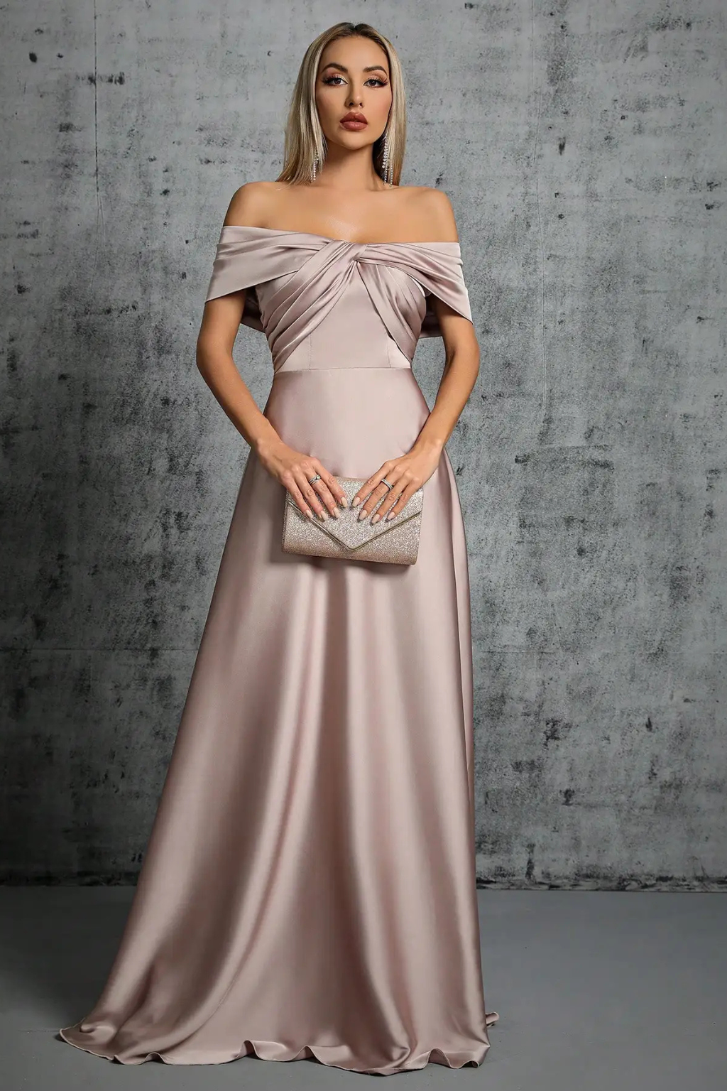 Lauren | Women Off Shoulder Twisted Knot Pleated Satin Wedding Guest Maxi Dress