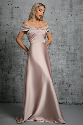 Lauren | Women Off Shoulder Twisted Knot Pleated Satin Wedding Guest Maxi Dress