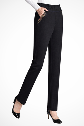 Millie | Women Elastic Waist Straight Leg Denim Trousers with Embroidered Detail