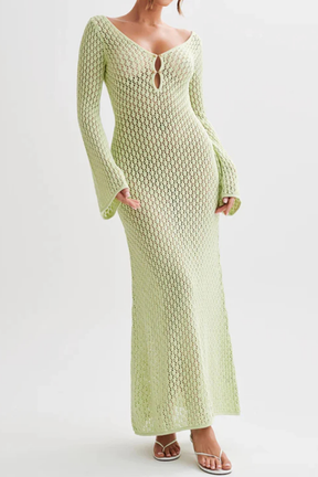Maris | Women Deep V Neck Long Sleeve Hollow Out Knit Backless Beach Maxi Dress