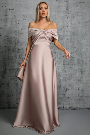 Lauren | Women Off Shoulder Twisted Knot Pleated Satin Wedding Guest Maxi Dress