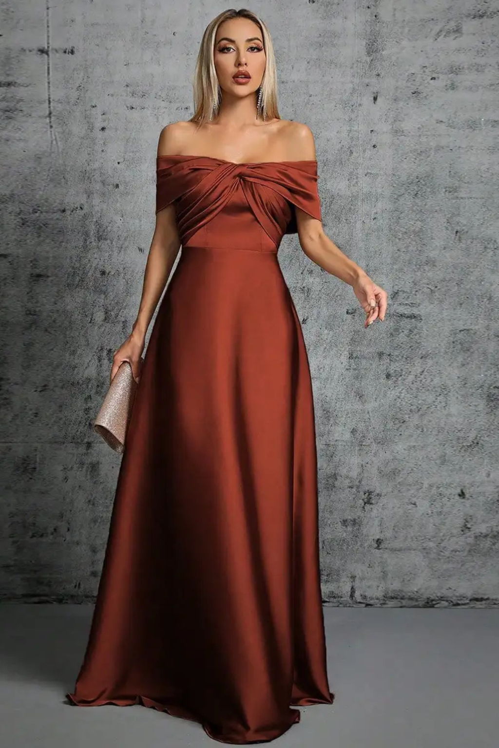 Lauren | Women Off Shoulder Twisted Knot Pleated Satin Wedding Guest Maxi Dress