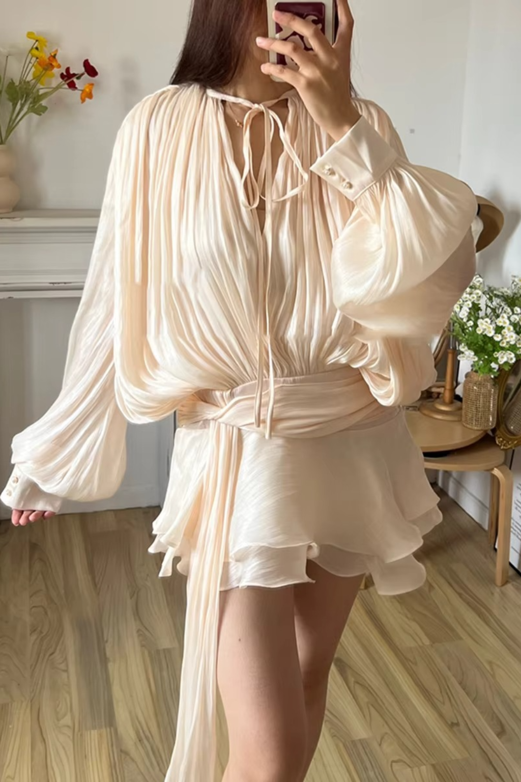 Arabella | Women Elegant Long Sleeve Pleated Mini Dress