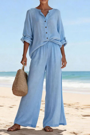 Clementine | Women Button Blouse and Wide Leg Trousers Suit Set