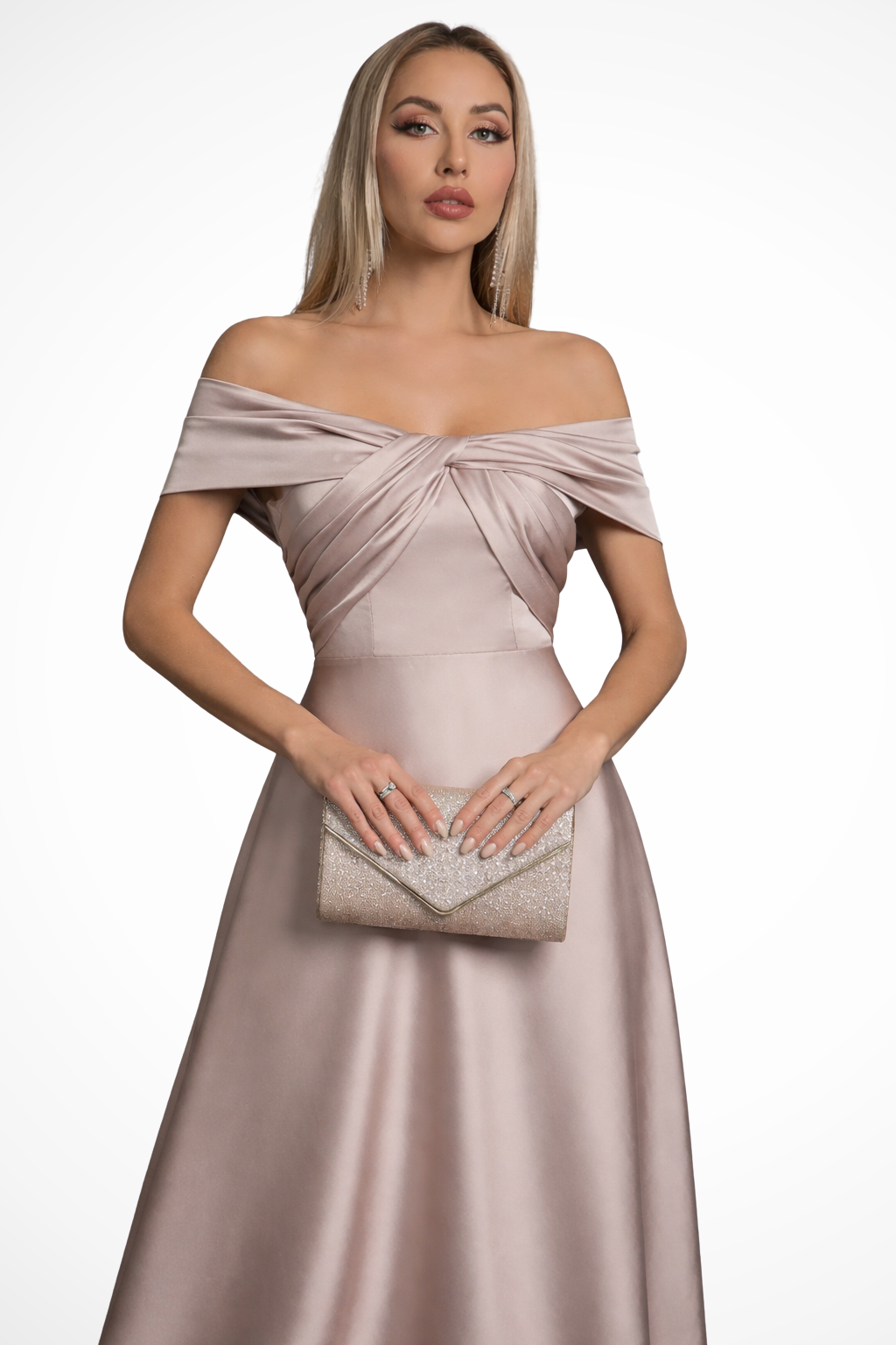 Lauren | Women Off Shoulder Twisted Knot Pleated Satin Wedding Guest Maxi Dress