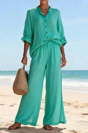 Clementine | Women Button Blouse and Wide Leg Trousers Suit Set