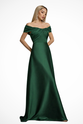 Lauren | Women Off Shoulder Twisted Knot Pleated Satin Wedding Guest Maxi Dress