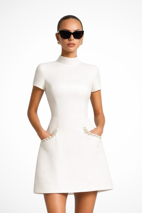Bronwen | Women Pearl Trim Mini Dress with Pocket Detail