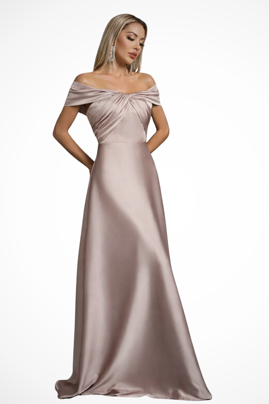 Lauren | Women Off Shoulder Twisted Knot Pleated Satin Wedding Guest Maxi Dress