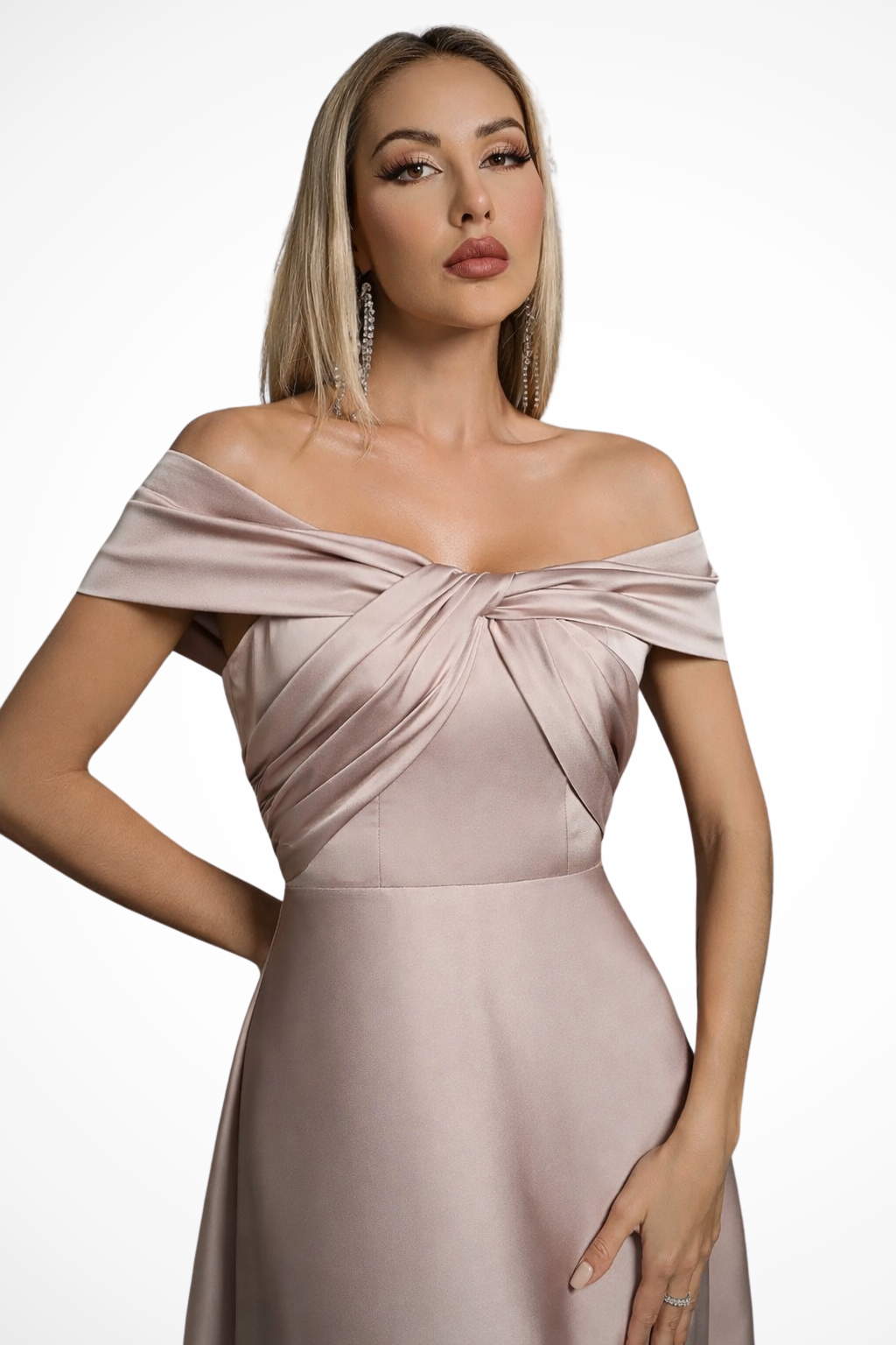 Lauren | Women Off Shoulder Twisted Knot Pleated Satin Wedding Guest Maxi Dress
