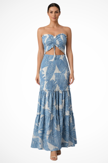 Nella | Women Tropical Print Strapless Ruched Summer Maxi Dress