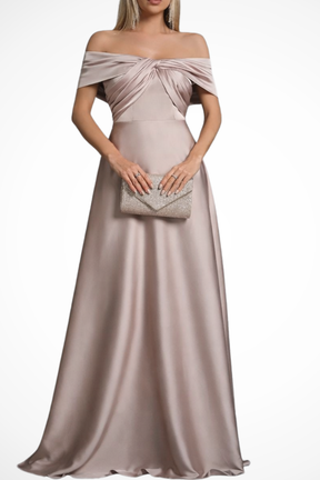 Lauren | Women Off Shoulder Twisted Knot Pleated Satin Wedding Guest Maxi Dress