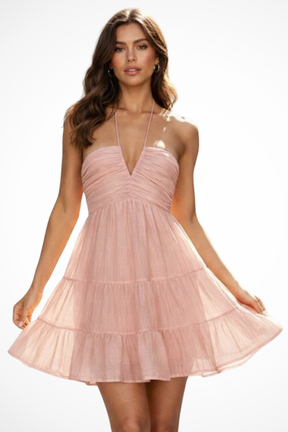 Romilly | Women Halter V Neck Tiered Ruffle Mini Dress