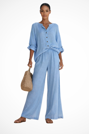 Clementine | Women Button Blouse and Wide Leg Trousers Suit Set